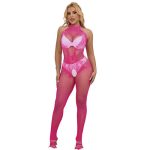 BODYSTOCKING CROTCHLESS DE REJILLA Y ENCAJE CON CUELLO ALTO ROSA TALLA ÚNICA - Imagen 3